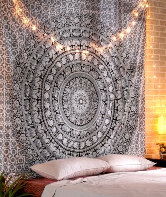Indian Mandala Large Tapestry Wall Hanging Black And White Elephant Cotton Ae...