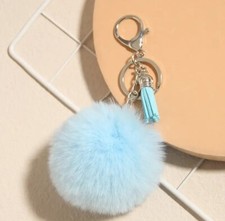 KEYRING Plush Bag Charm Pom Pom Keychain Soft Faux Fur Blue