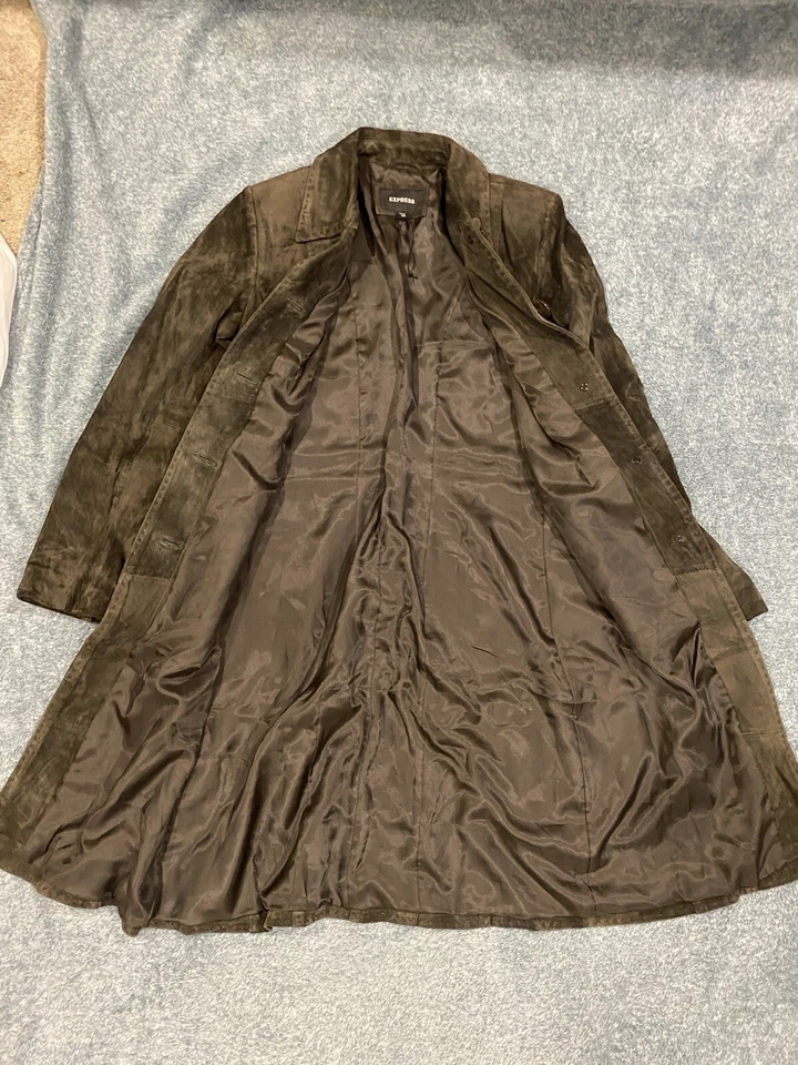 Gabardina Express marrón larga con botones de cuero gamuza para mujer talla 7/8 Foto 4 de 4