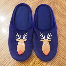 NEW Navy Blue Velvet Christmas / Deer Embroidery Flat Slippers Size Small 5 - 6