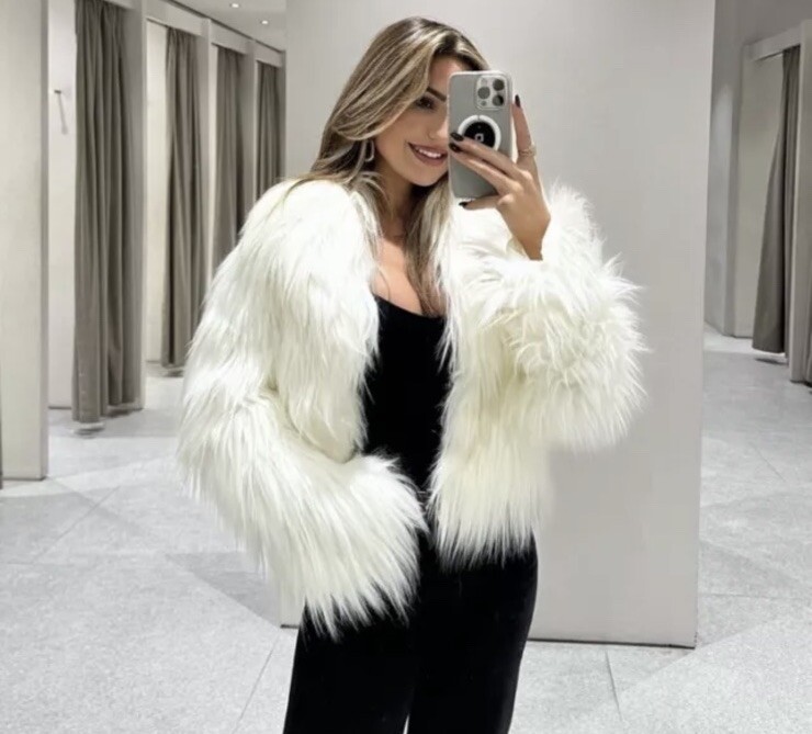 ALTRA ZARA CARDIGAN PELLICCIA SINTETICA BIANCO COLLETTO CON RISVOLTO NUOVO FW24 25 TAGLIA XS REF 1255 873