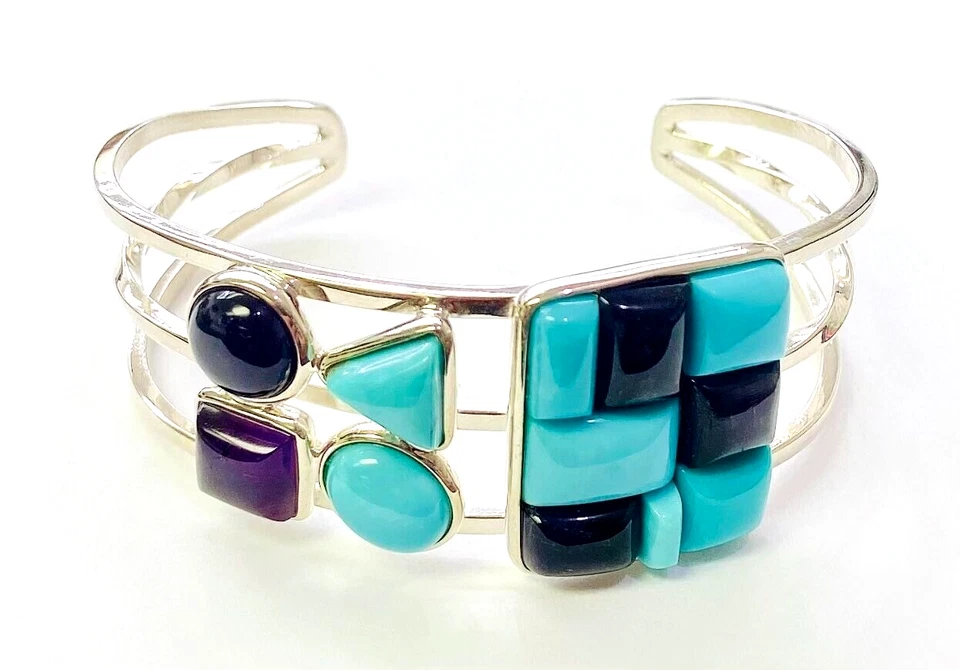 HSN Jay King 纯银画廊系列绿松石和紫水晶袖口手链  — 第 3/4 张图片