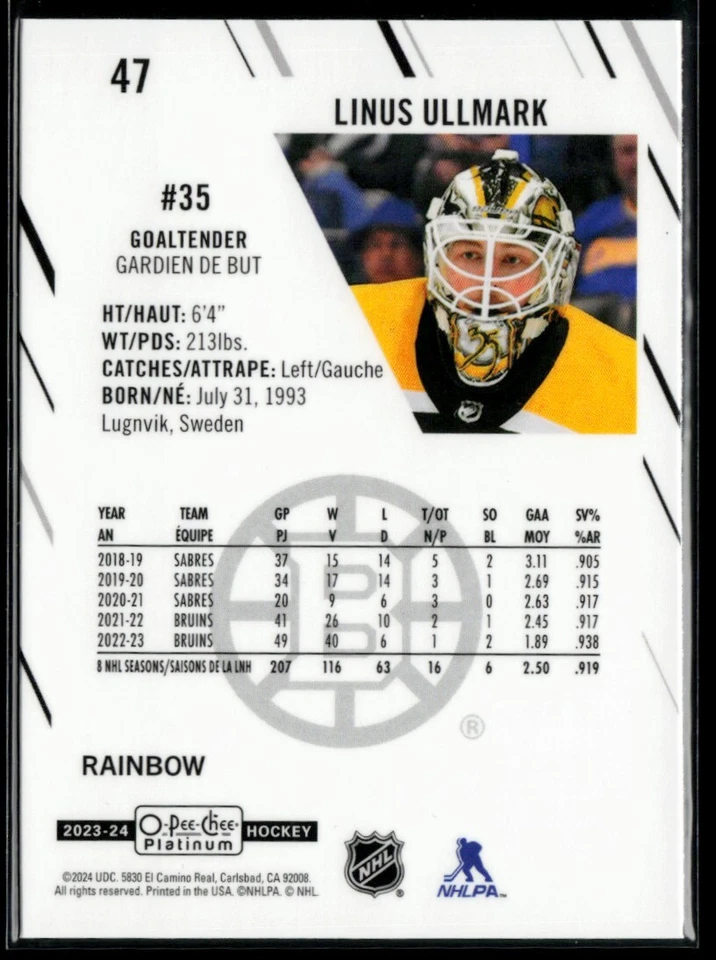 2023-24 O-Pee-Chee Platinum Rainbow #47 Linus Ullmark - Image 2 of 2