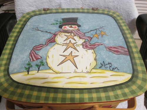 Mindy Cain Snowman Picnic Basket 13" x 13.5" x 7.5" Deep See Description New - Picture 2 of 4