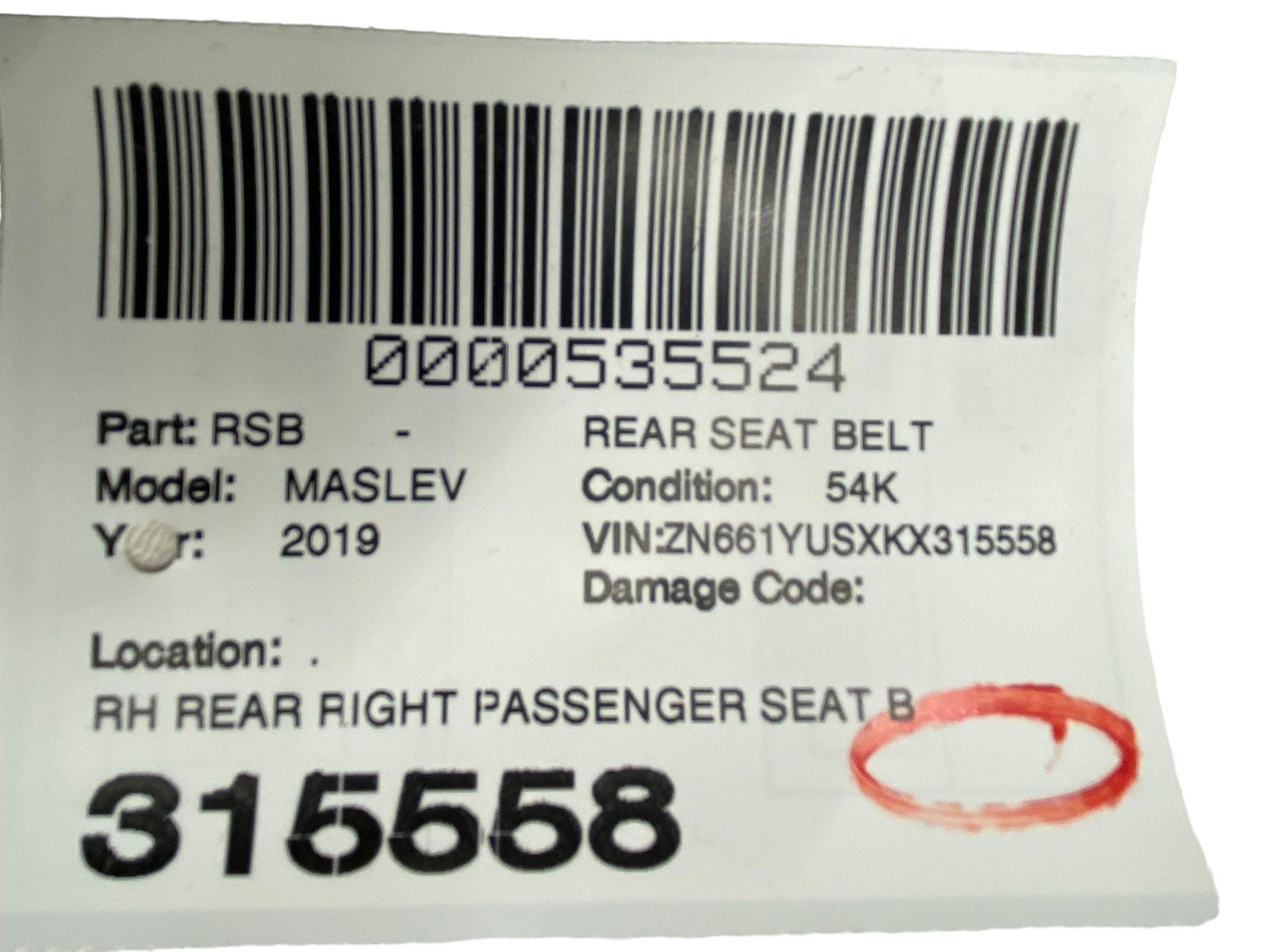 2017-2024 MASERATI LEVANTE REAR RIGHT PASSENGER SEAT BELT RETRACTOR W/BUCKLE