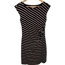 LOFT Dress Womens XS Mini Sheath Black Tan Striped Ruched Cap Sleeve Work