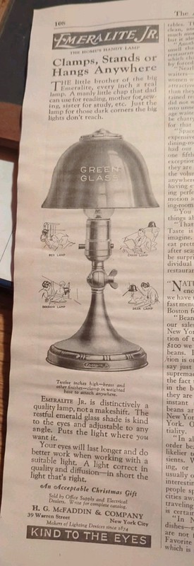 1921 Emeralit Green Glass Lamp Original Print Ad