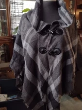 Mixit Plaid Cape Poncho Wrap Charcoal Grey Black Toggle Buttons One Size 