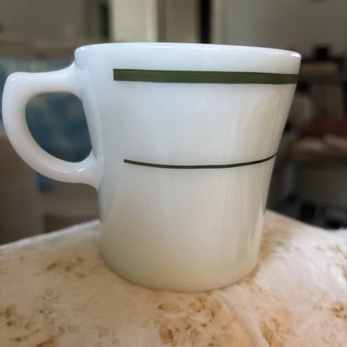 Vintage Fire King 350 Anchor Hocking Green Stripe Milk Glass Coffee Mugs