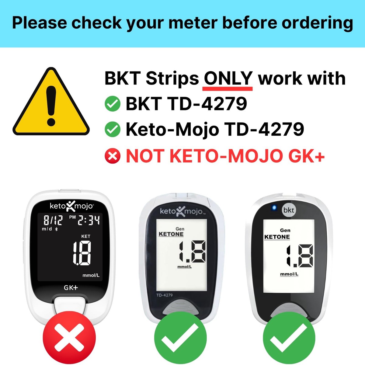 Blood Glucose Test Strips 50ct for BKT Meter and Keto-Mojo TD-4279
