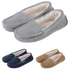 Ladies Moccasin Slippers Microsuede Faux Fur Lining Stitched Detail Hard Sole