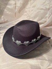 Black faux suede/felt cowboy hat With engraved heart link concho chain band.
