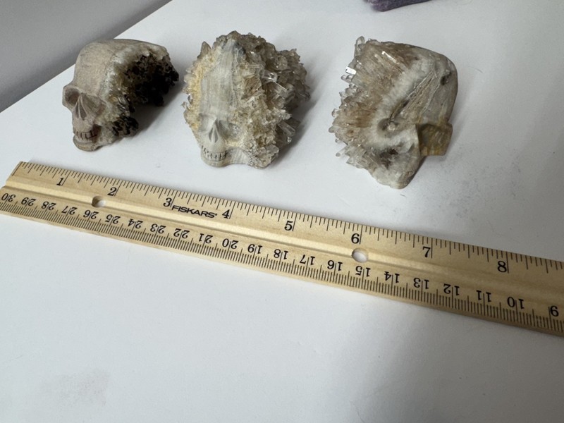 3 reiki carved crystal cluster mineral specimens carved skulls quarts skulls