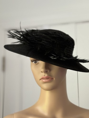 Vintage Henry Pollack Black 50s Fur Felt Women’s Cartwheel Hat W Feathers - Picture 2 of 13