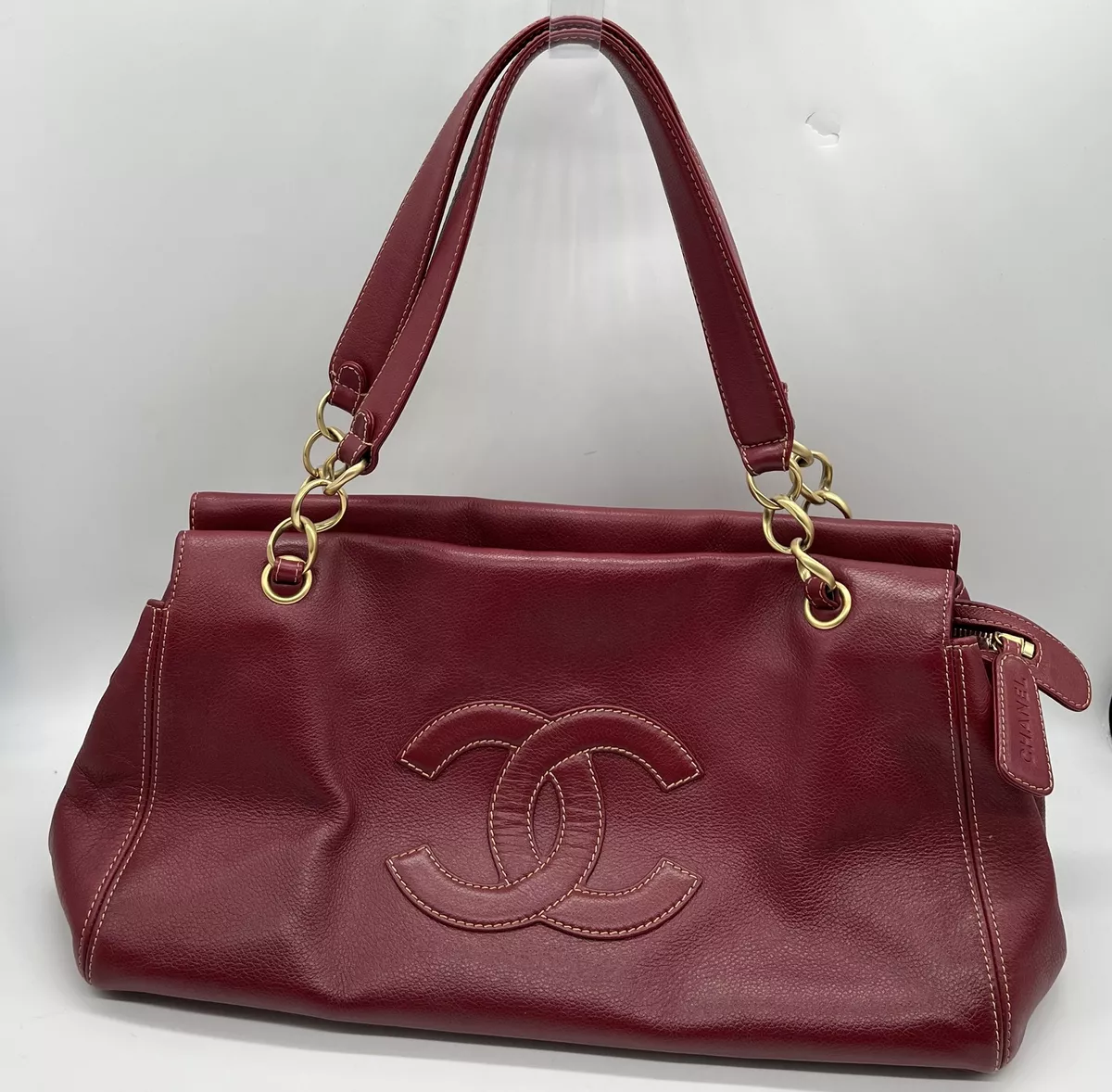 Chanel Bordeaux Red Leather Shoulder Bag/Satchel w/ CC Logo Embroidery