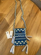 NWT TORY BURCH Woven Phone Crossbody ~Wool~ Blue/ White $328
