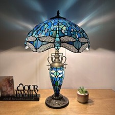 Tiffany Style Table Lamp Blue Stained Glass Mother-Daughter LED Bulb 24"H 16"W