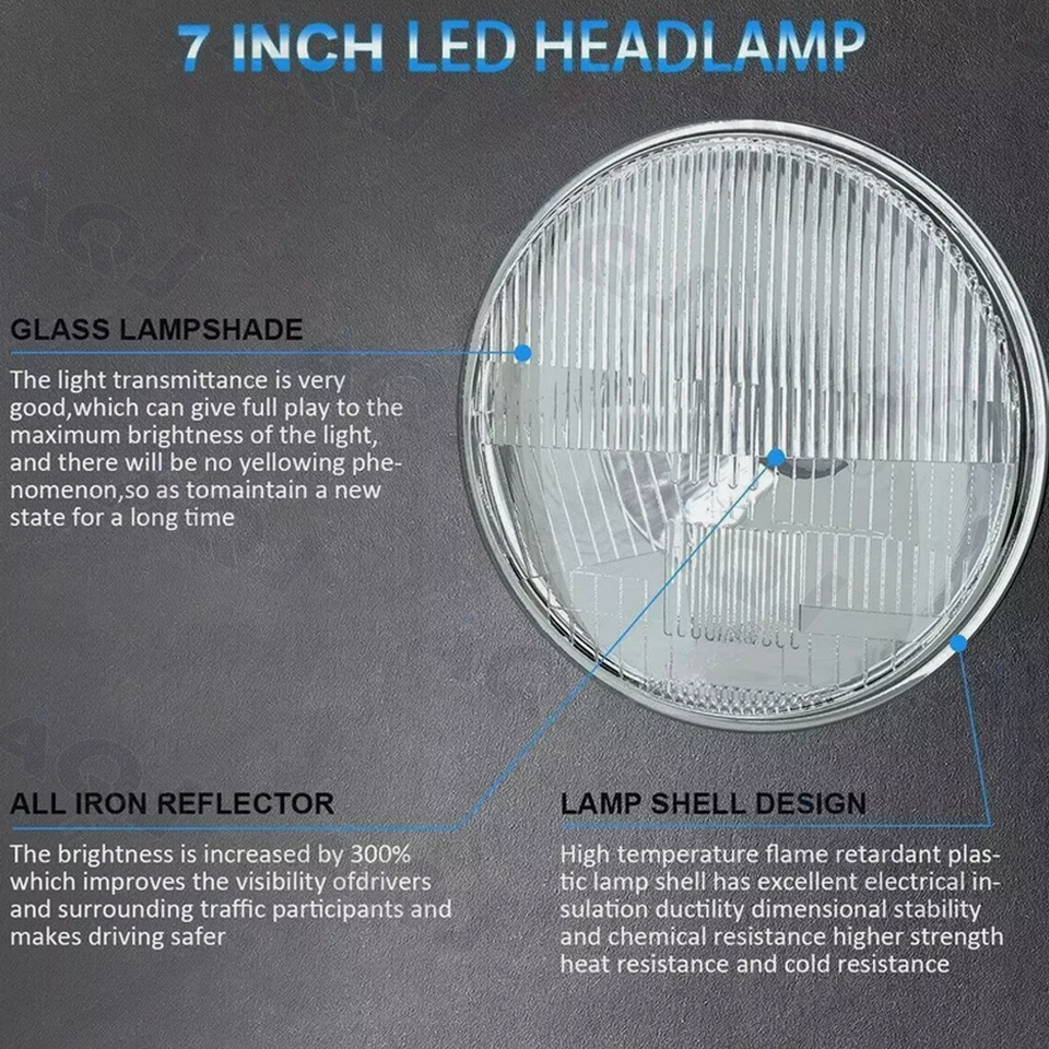 For Porsche 944 1983-1991 Pair 7" inch Round LED Headlights Hi-Low Beam H4 9003 - Изображение 4 из 4