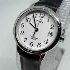 Timex Indiglo Quartz Watch Women 30m Silver White Leather Date Analog New Batter