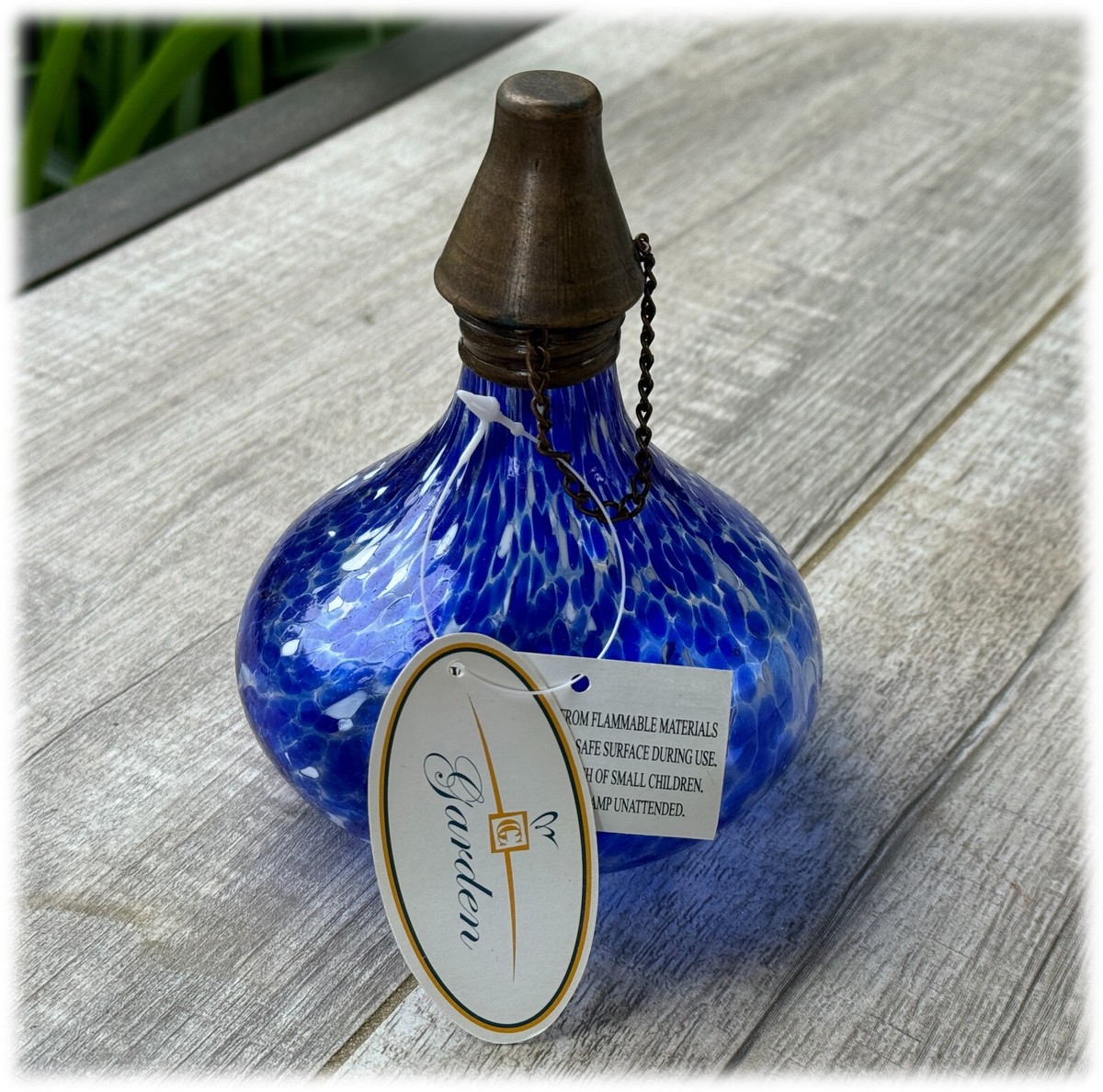 Cobalt Art Glass Garden Oil Lamp with Brass Snuffer Citronella NWT