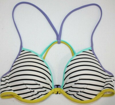 VICTORIAS SECRET FABULOUS PUSH UP BIKINI TOP 32C White & Black Stripe Colorful