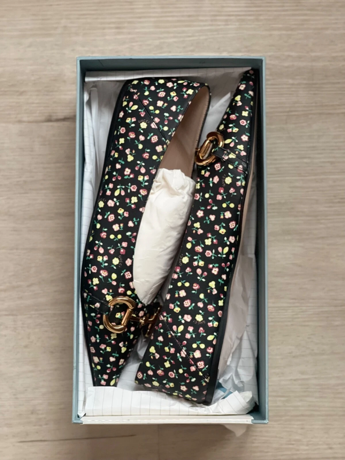 Chaîne de chaussures GUCCI x LIBERTY noir floral ballet plat cheval 10,5 neuves