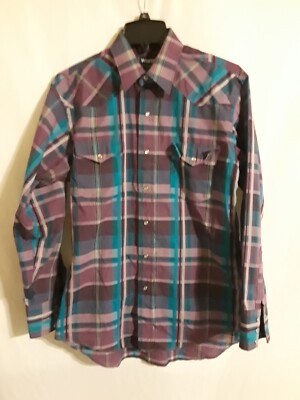 Wrangler Men's Shirt Purple Plaid Western Cowboy Cut Pearl Snap Long Sleeve