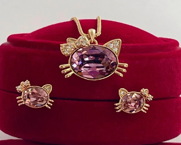 Edel Hello Kitty Schmuckset Kinder Kristalle Lila 750er Gold 18K vergoldet Etui - Bild 2 von 4