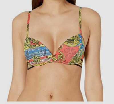 $286 MOSCHINO Women's Yellow Red Printed Foulard Push Up Bra Size 38/Large 