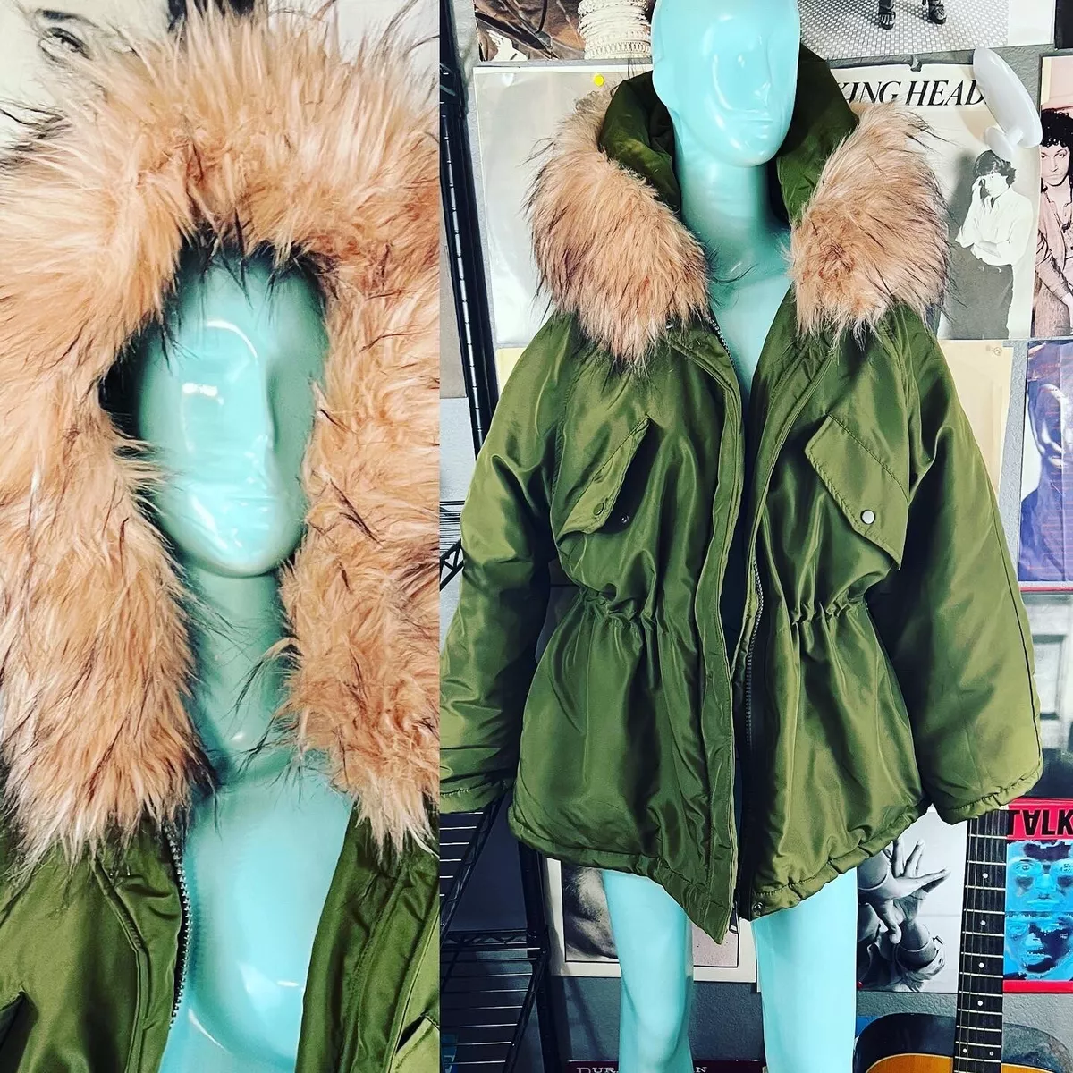 NWT H M Olive Green Puffer Coat w Pink Faux Fur Hood WARM MEDIUM