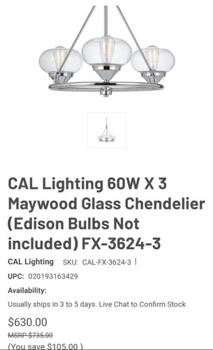 Cal Lighting 60w X 3 Maywood Glass Chendelier FX3624-3 - Picture 2 of 4