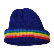 VTG 80s Acrylic Rainbow Striped Knit Winter Hat Blue Beanie Taiwan ROC Gorpcore