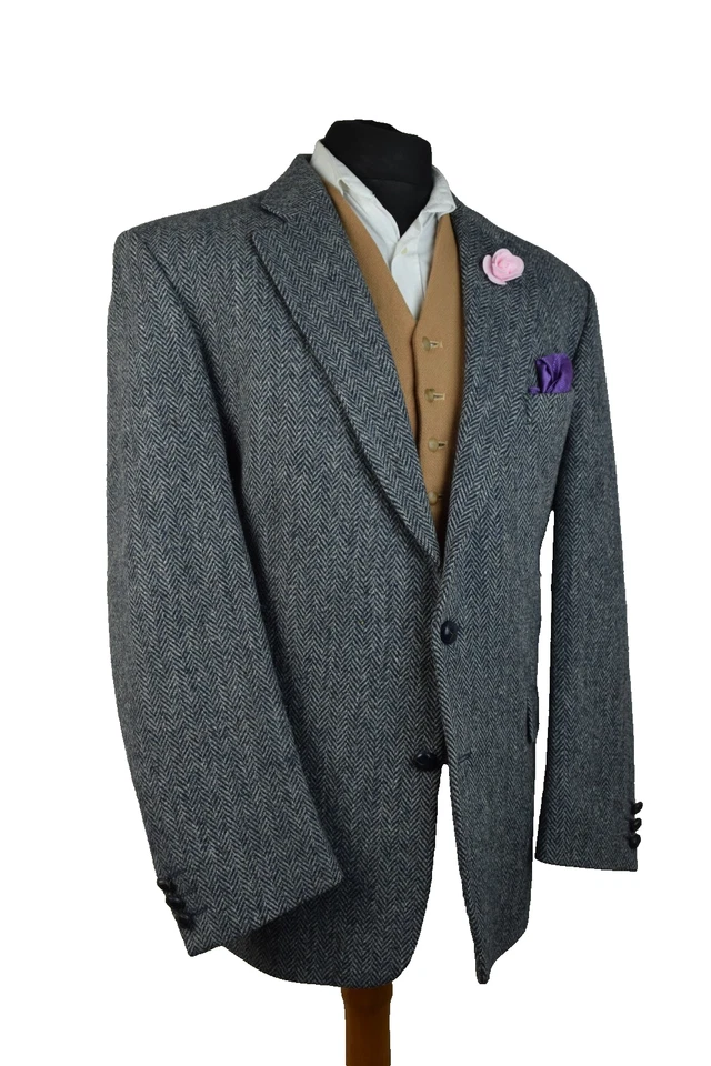Harris Tweed Tailored Country Navy Herringbone Blazer Jacket 46R #55 IMMACULATE - Image 3 of 4