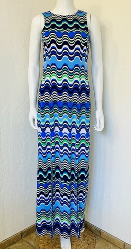 Donna Morgan Blue Geometric Knit Sleeveless Side Slits Maxi Dress Size 4 EUC - Picture 3 of 16