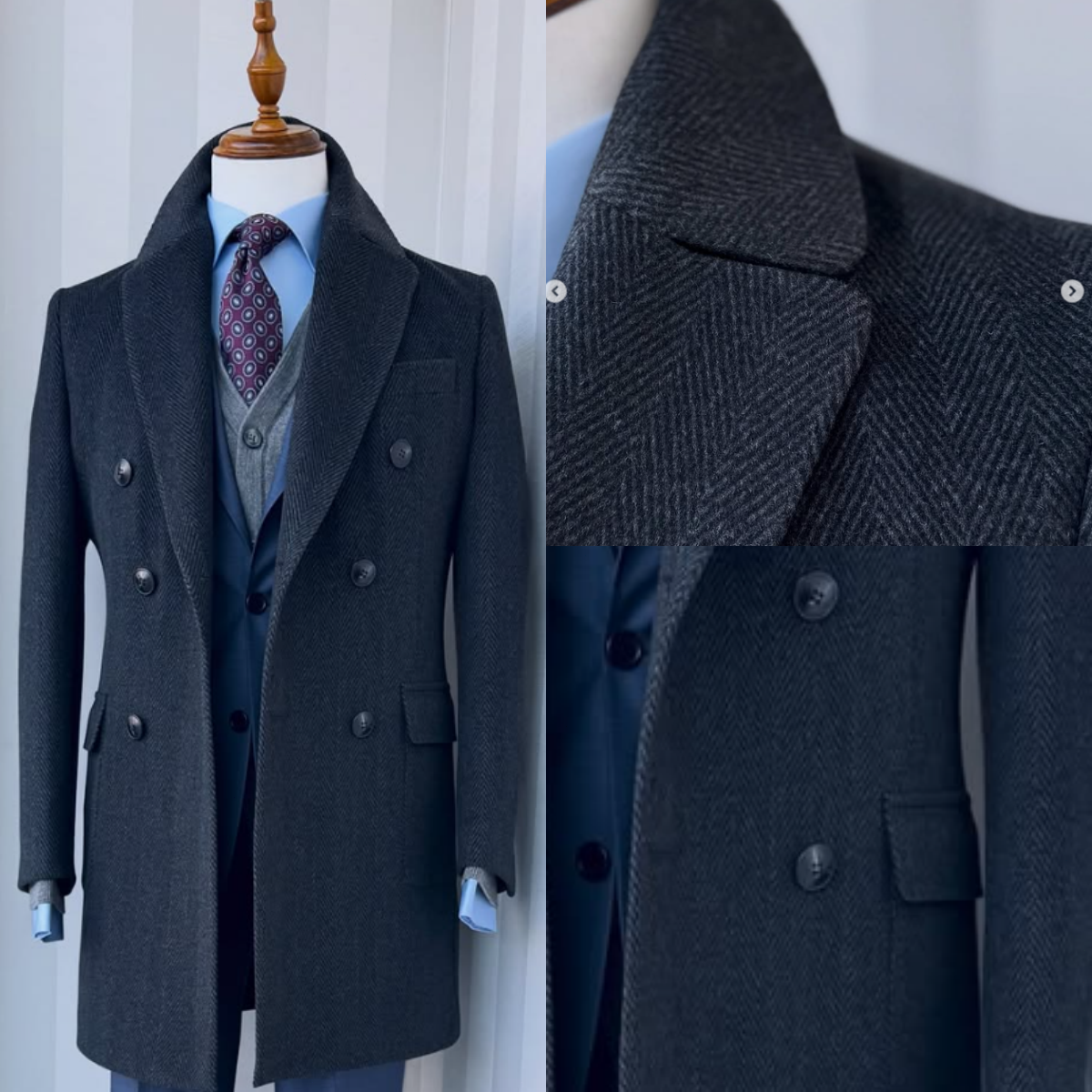 Herringbone Black Men's Wool Overcoat Double Breasted Suit Warm Winter Jacket