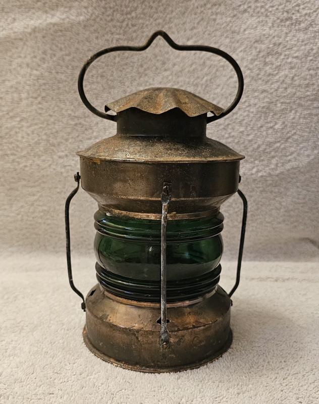 Antique Vintage Maritime Metal Lantern w/ Green Glass Globe, Oil/Kerosene Style