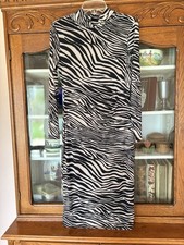 Nine West Size S Women Zebra Print Mesh Mock Neck Rouched Midi Dress Black/Cream