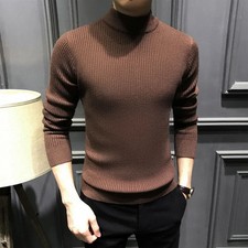 New Sweater Men Mock Neck Solid Business Long Sleeve Slim Pullovers Knitted Top