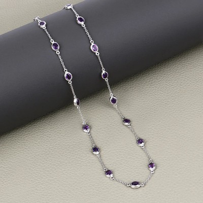 14K White Gold Over Amethyst By The Yard Bezel Set Station 18'' Necklace Gift Her