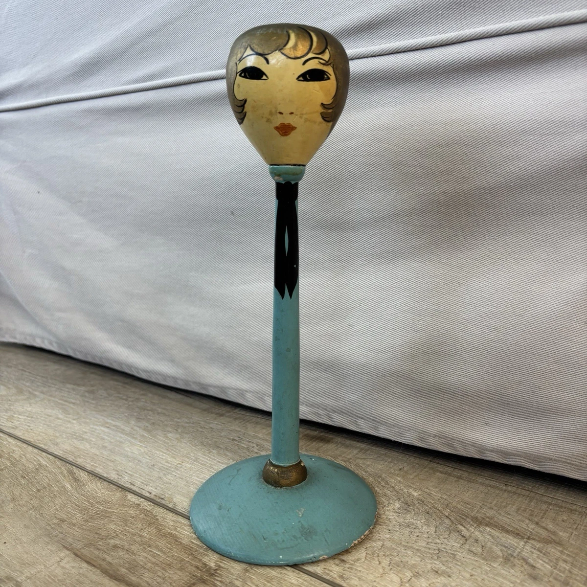Vintage Yellow Floral Hand Painted Wooden Hat Stand Display Euro Farmhouse 10.5\