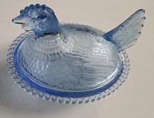 Vintage Indiana Glass Light Blue Hen on Nest Chicken Glass Covered Dish 7" Inch