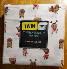 Cynthia Rowley Valentine's Day 3pc Twin Sheet Set Dachshund Dog Red Hearts   