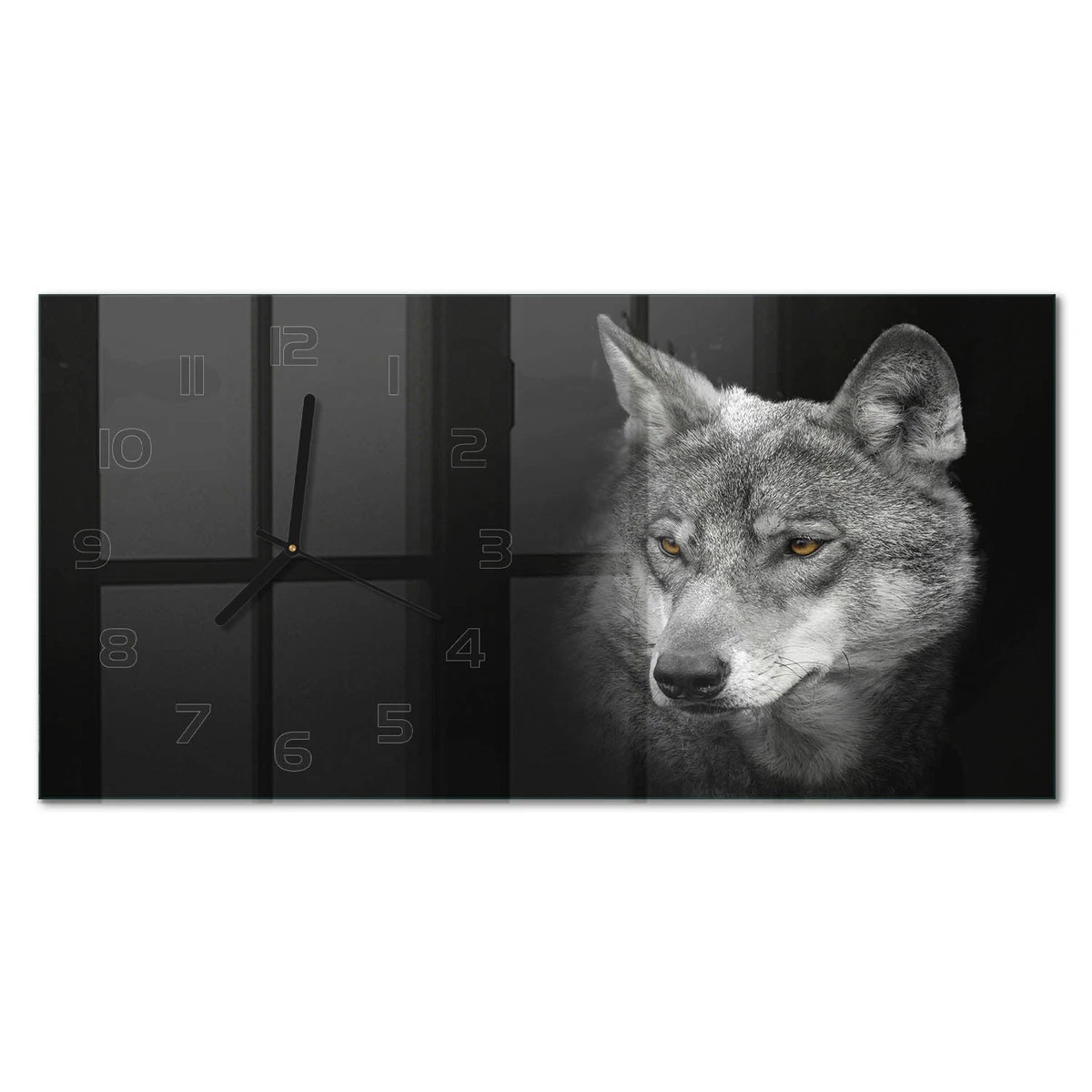 Reloj de Pared Rectangular Horizontal Cristal Decorativo Premium Lobo 60x30 cm
