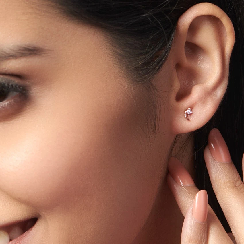 Lab-Created Round Cut CVD Diamond Half Moon Stud Earrings In 10K Two-Tone Gold - Image 2 of 4