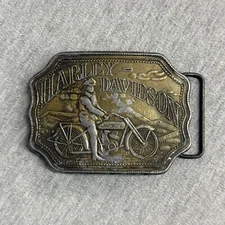 VTG Harley Davidson Brass Belt Buckle Montauk Silver Co
