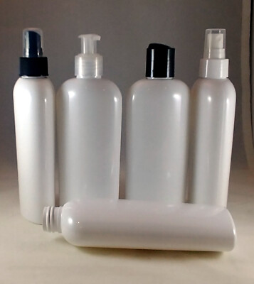 White PET 8 oz Cosmo Oval Plastic Bottles w Pump Spray, Dispensing Caps, Lotion