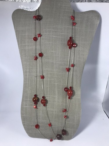 Long Beaded Silvertone Necklace Red Glass Beads Red Coral Spaced Beading 60" - Picture 2 of 7