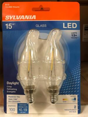 (2 Bulbs) Sylvania 1.6w LED 15w Replacement Candelabra Base E12 Daylight 5000K