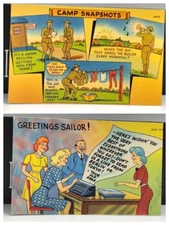 PC ~ 2 ~ Tichnor Bros Inc ~ Linen ~ WW2 Humor Army Comic Cartoon Postcards