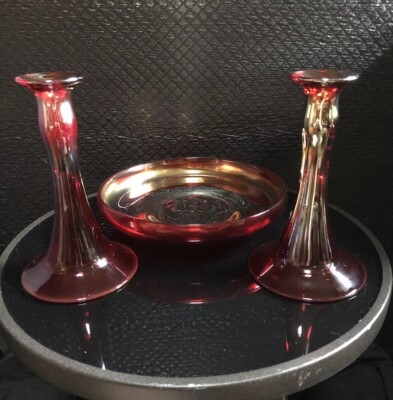  Pair Dugan Diamond Glass Red Royal Luster Candlesticks AND Bowl Carnival Glass 